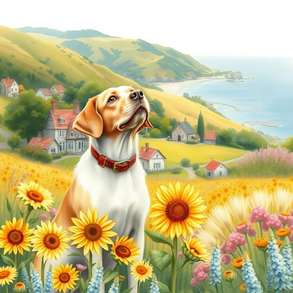 Illustration of a peaceful rural scene with sunflowers, a white house, and a barn near a body of water.