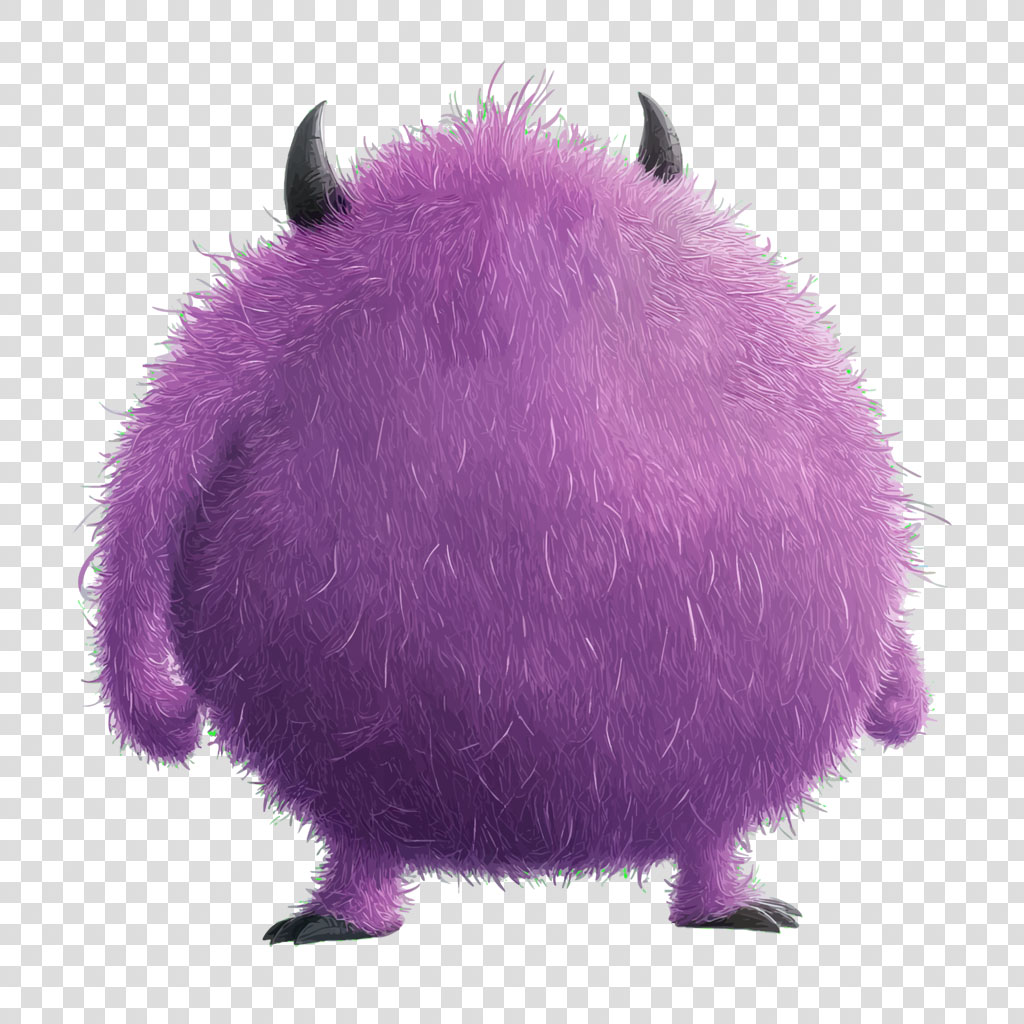 A purple, furry monster with two black horns and three visible claws on a white background.
