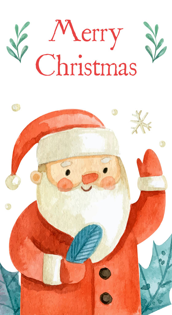 Watercolor illustration of Santa Claus waving with a Merry Christmas message.