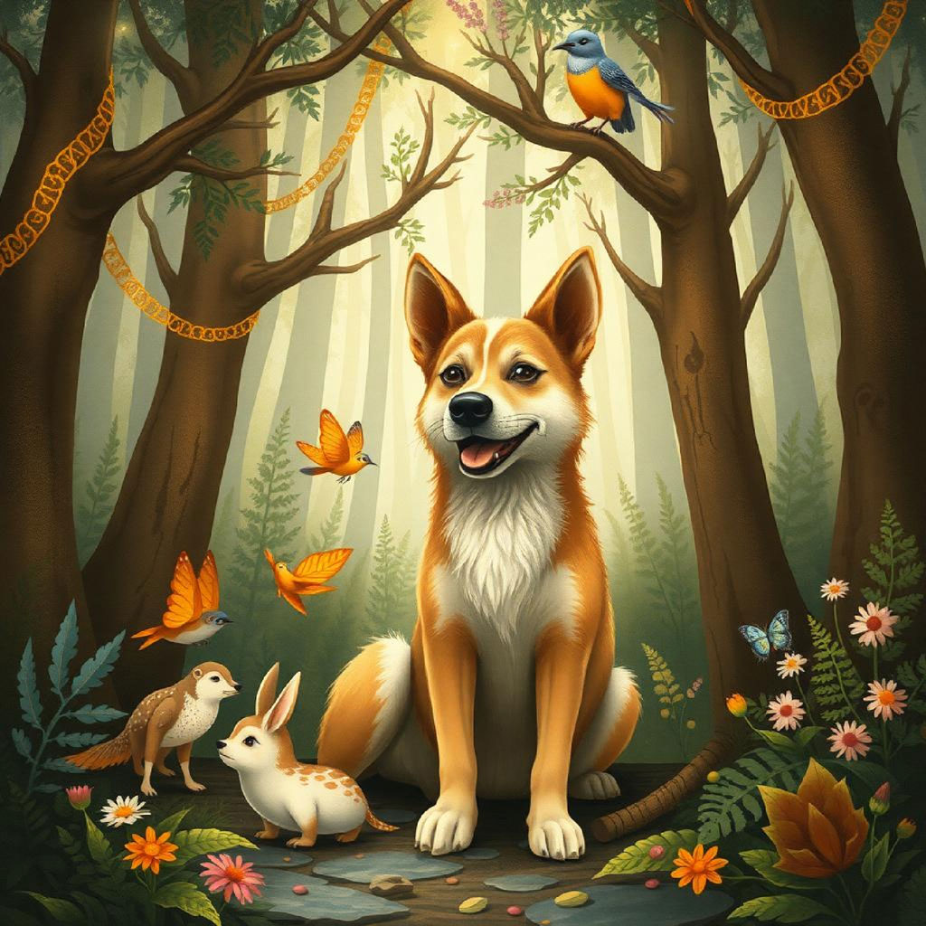 Illustration of a dog sitting in a forest surrounded by animals and flowers