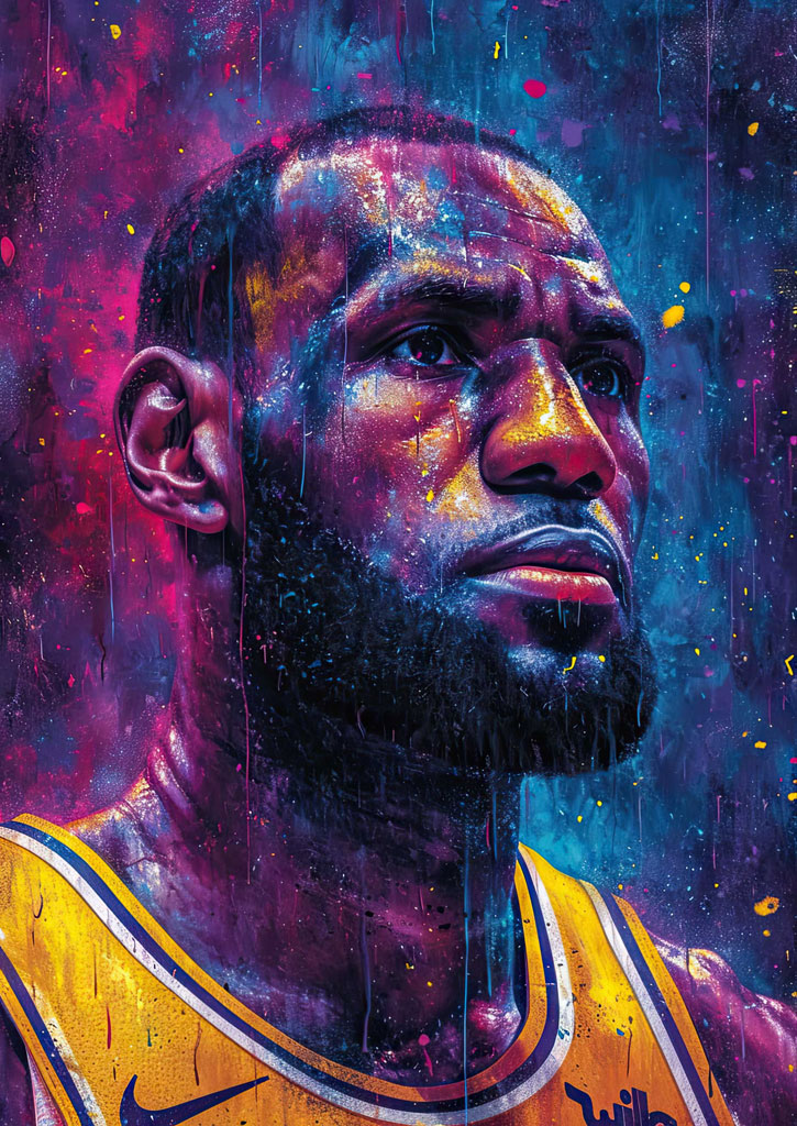 LeBron James in a yellow jersey with a Nike logo, set against a colorful background
