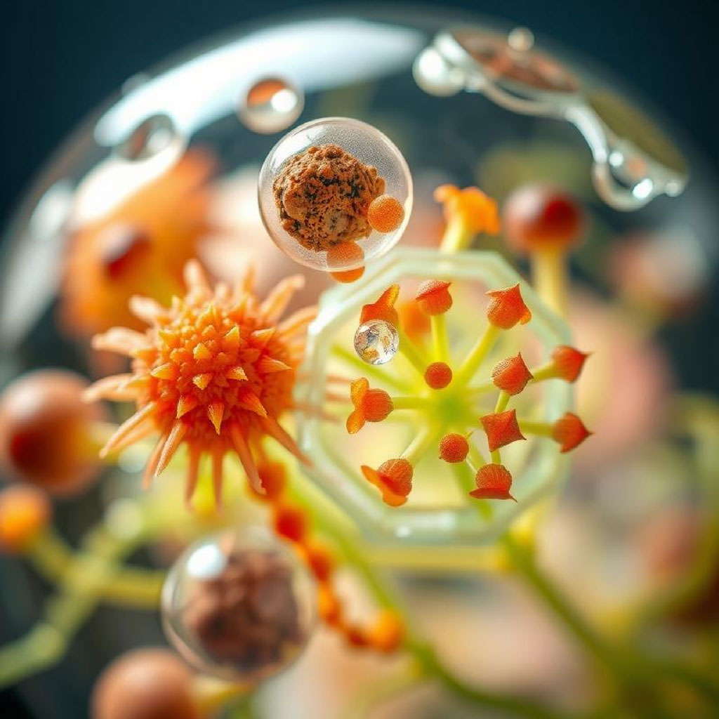 A microscopic view of cells with orange and yellow structures inside a transparent sphere.