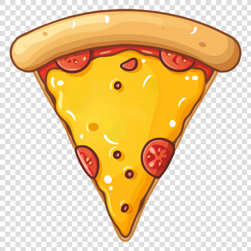A cartoon slice of pizza with cheese and pepperoni