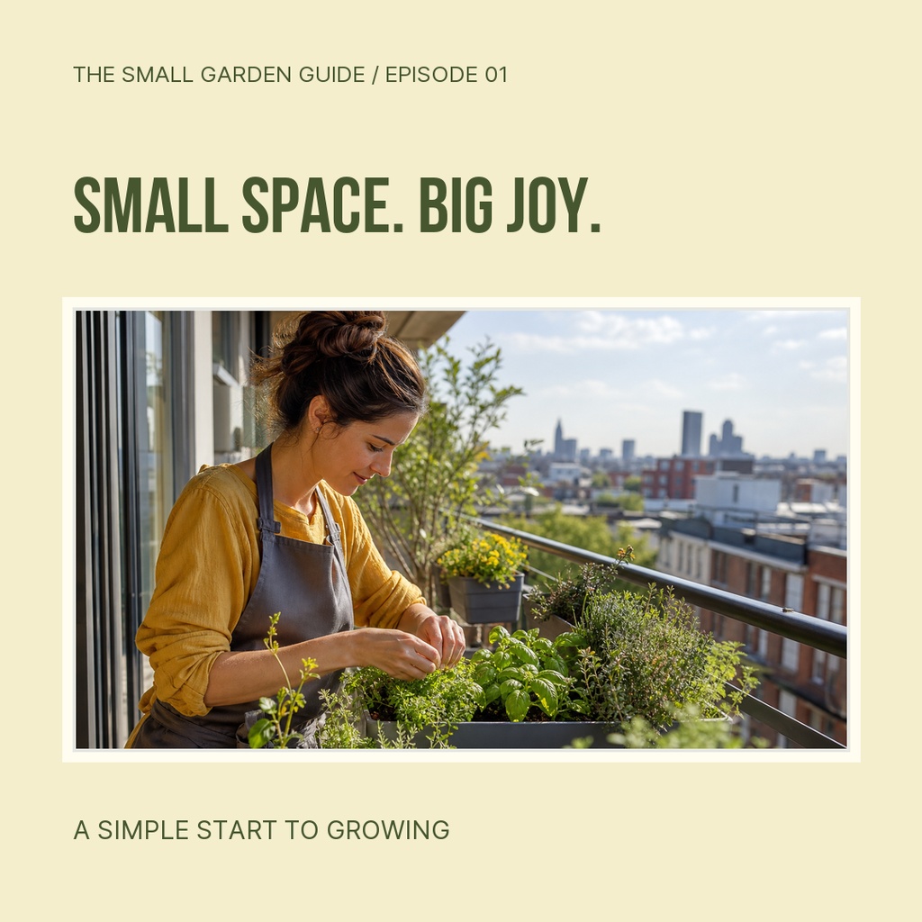 Square post with a woman tending potted plants on a balcony above a city skyline.
