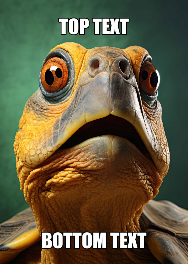 A close-up of a turtle with a shocked expression