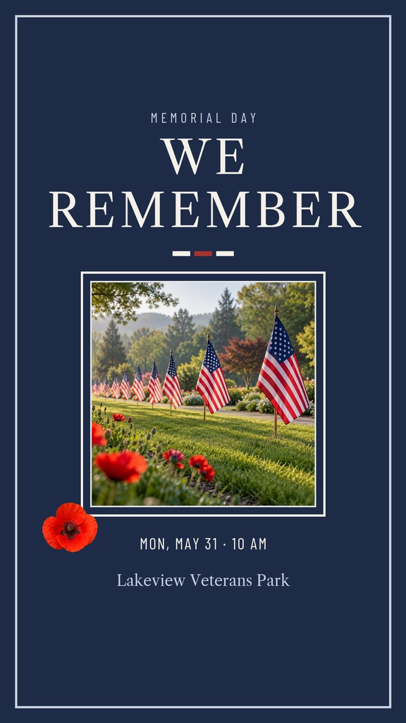 Navy memorial day story template with "We Remember" text and a park photo of American flags.