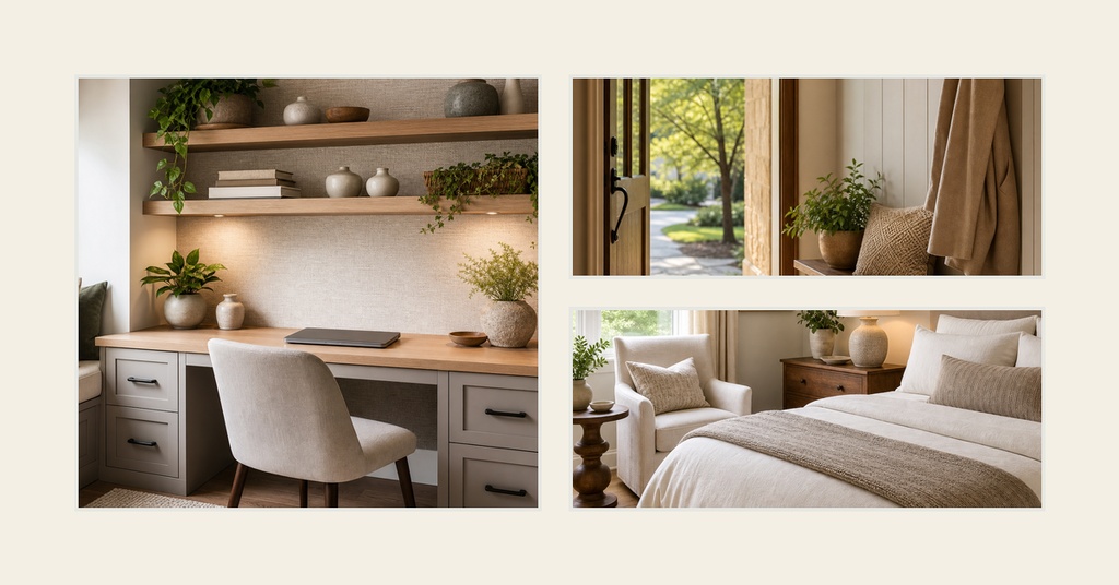 Three-panel collage showing a home office, doorway view, and bedroom interior.
