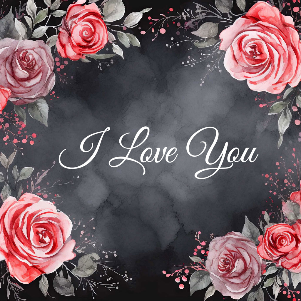 Floral frame with pink roses and 'I Love You' text on a dark background