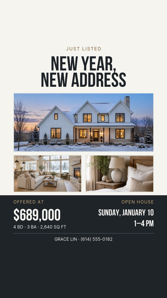 Real estate Instagram story template with house photos, price, and open house details.