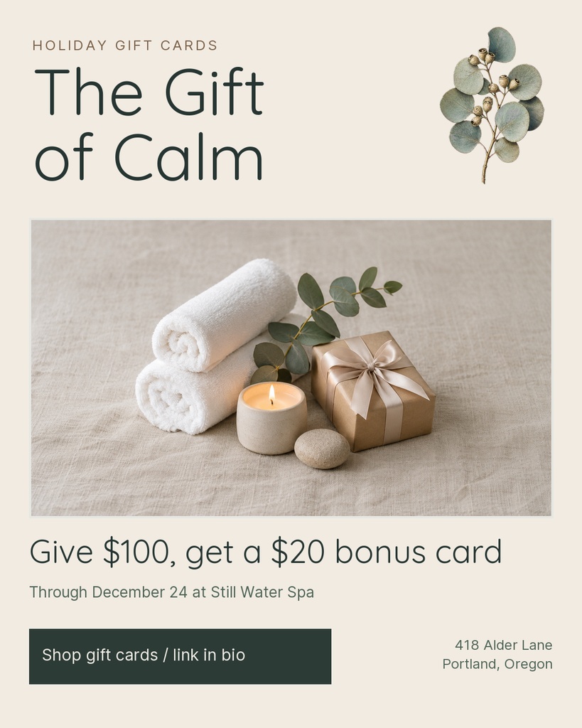 Holiday gift card post with towels, candle, gift box, and eucalyptus on a neutral background.