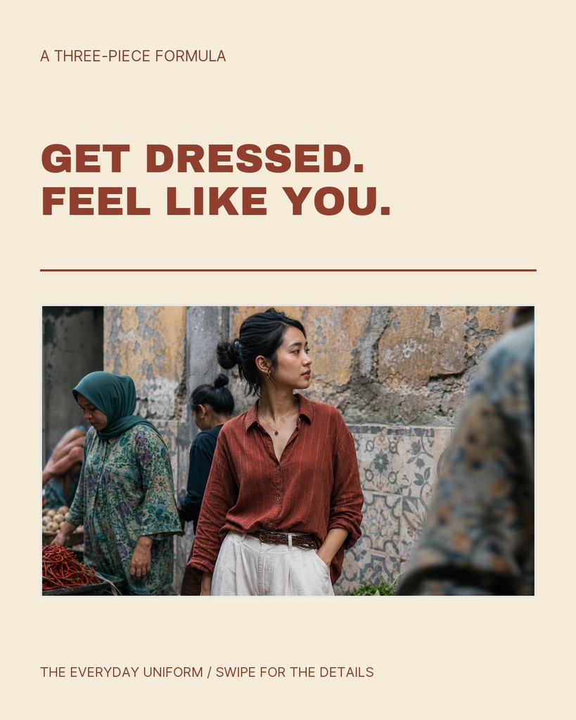 Portrait Instagram template with bold text above a photo of a woman in a red shirt and white skirt on a street.