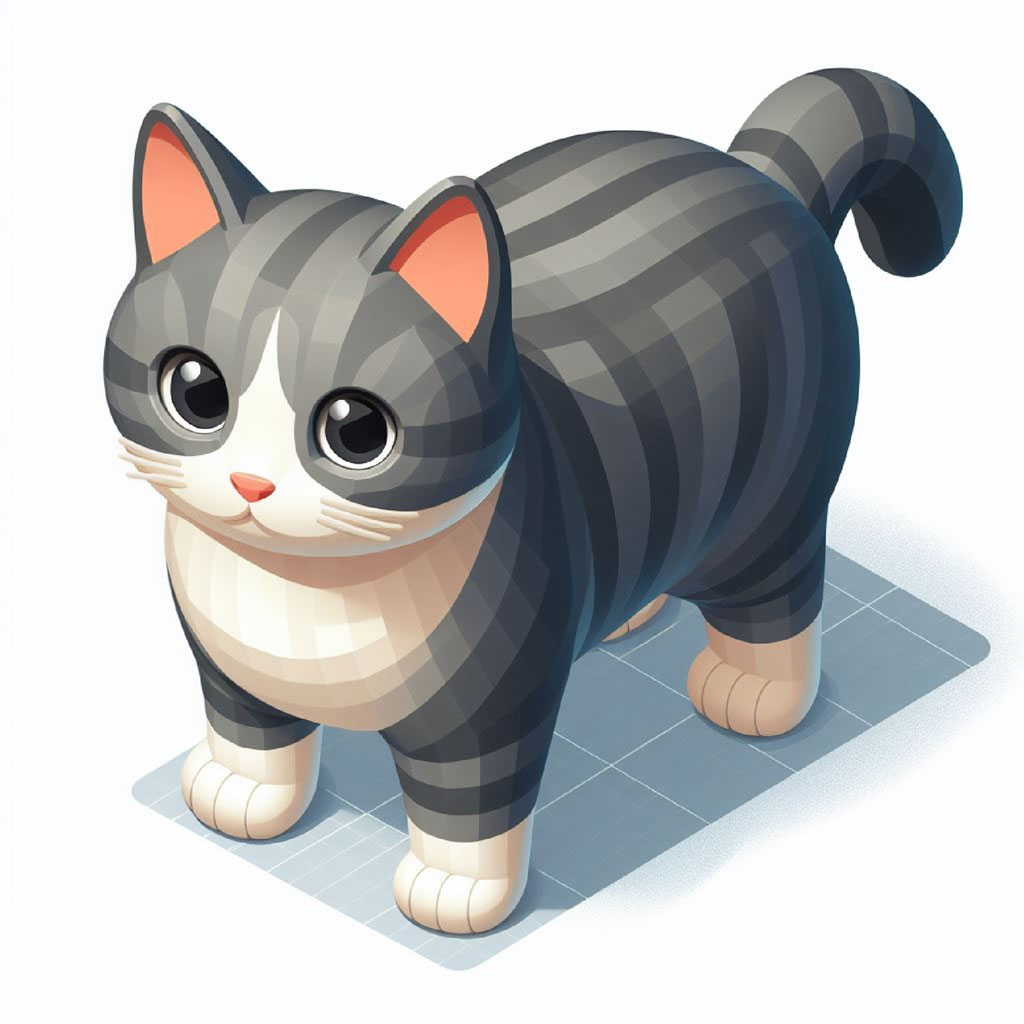 3D illustration of a gray and white striped cat