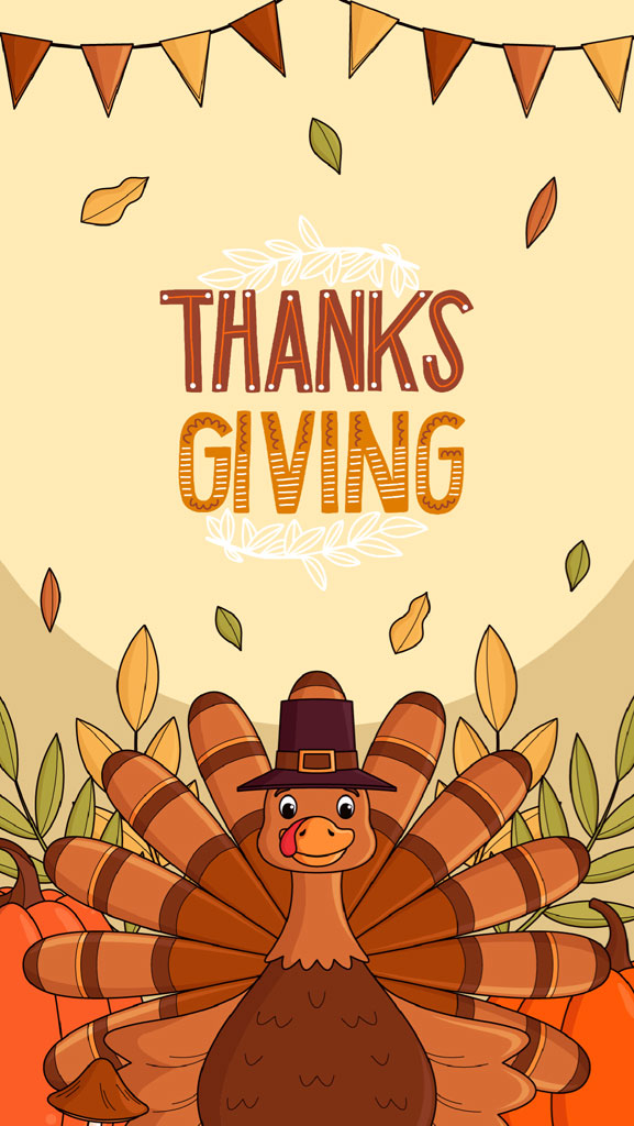 Cartoon turkey in pilgrim hat with fall leaves and flags