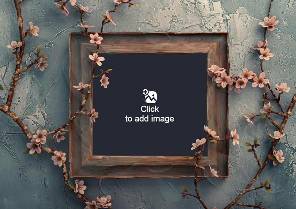 Wooden frame with pink flowers on a blue wall