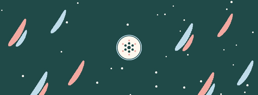 Abstract winter page cover with pastel brush strokes, small dots, and a dark green background.
