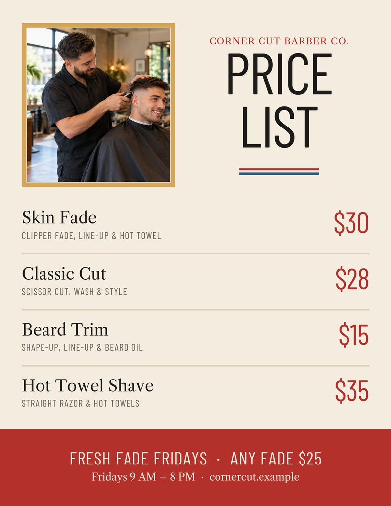 Barber cutting a client’s hair beside a clean price list layout with service names and prices.