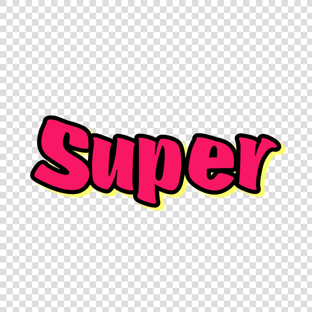 The word 'Super' in a bold, pink font with a yellow outline.