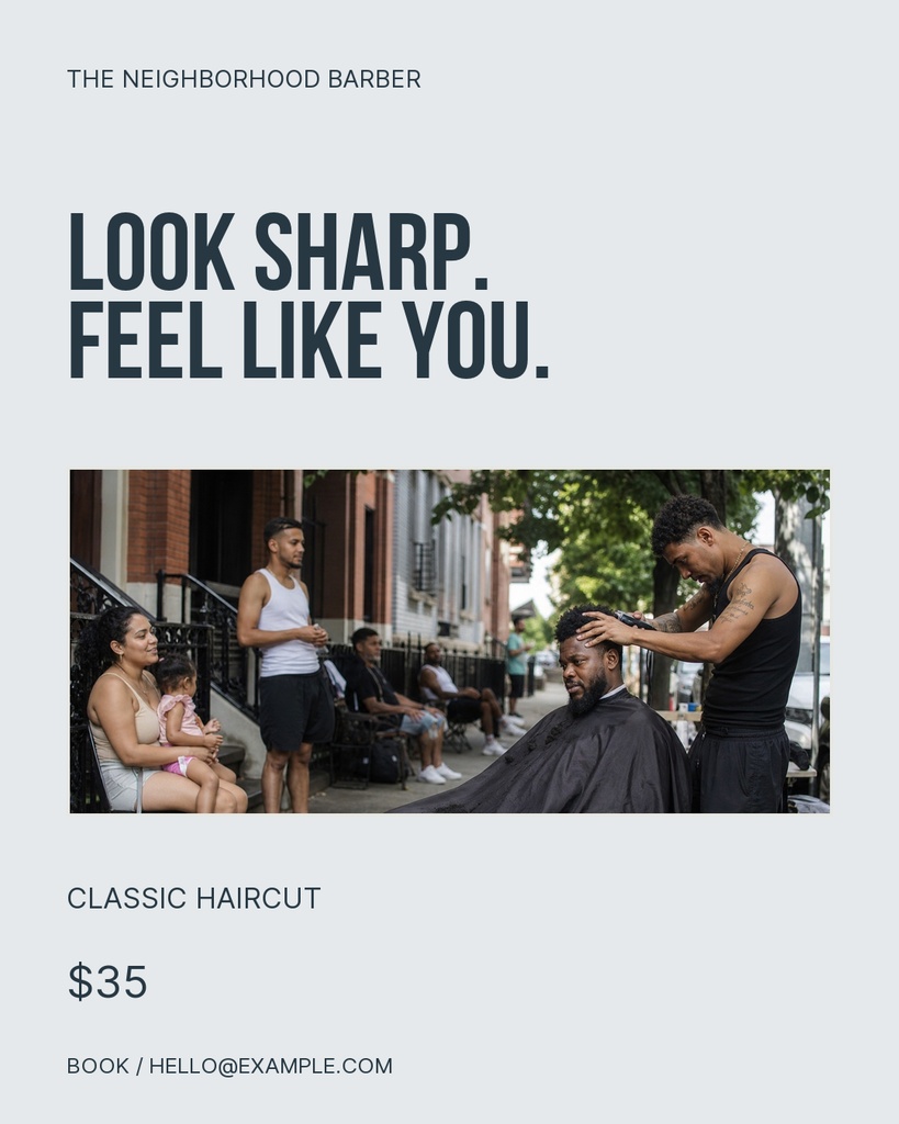 Portrait social post showing a barber cutting a client's hair with bold headline and haircut price.