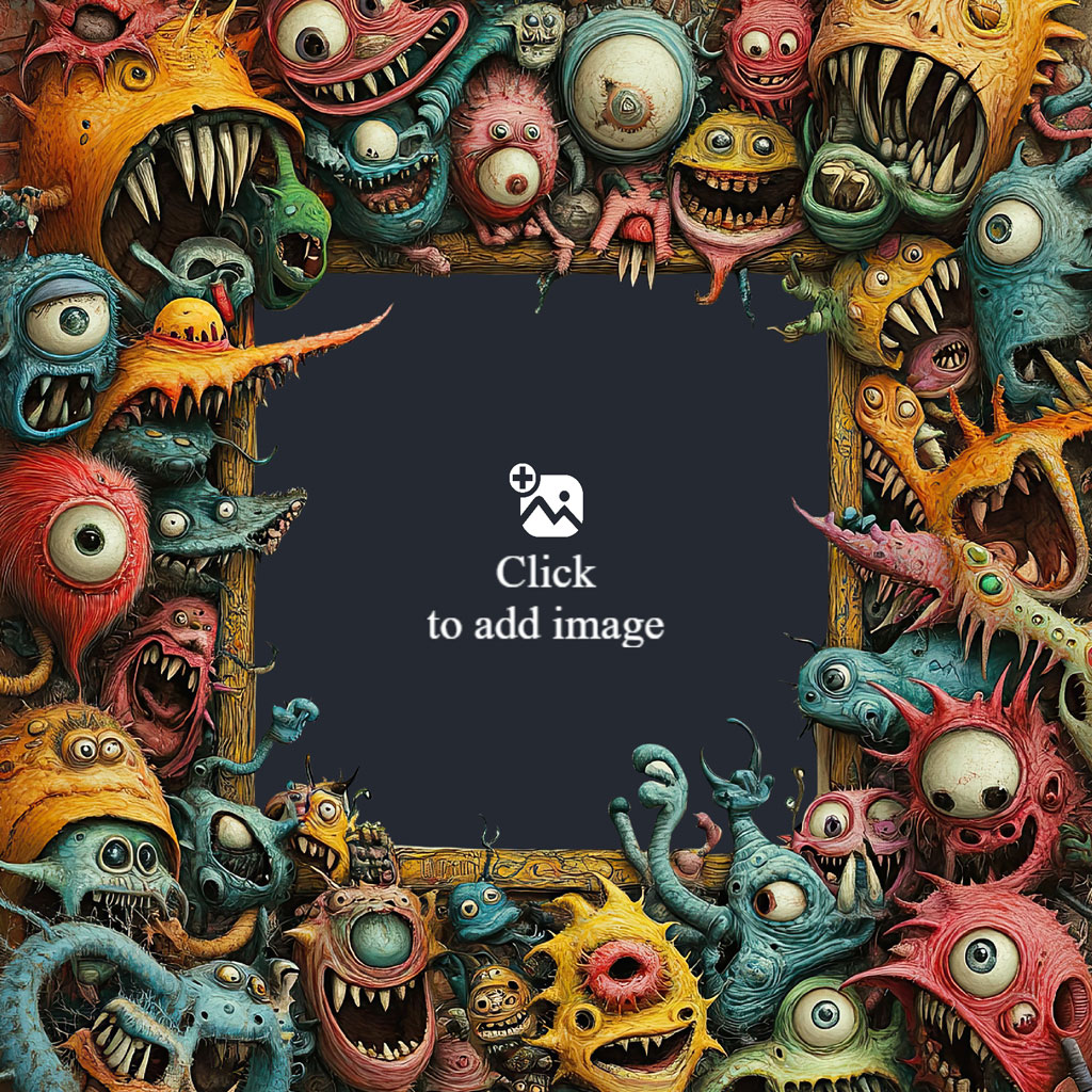 Colorful illustration of various monsters forming a frame around a dark blue center.