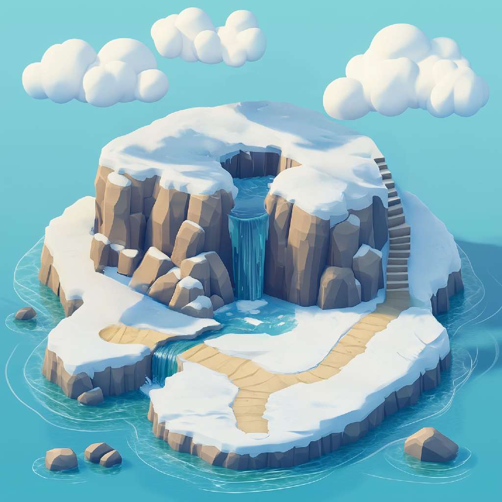 3D illustration of a snowy island with a central waterfall and a staircase leading to the top