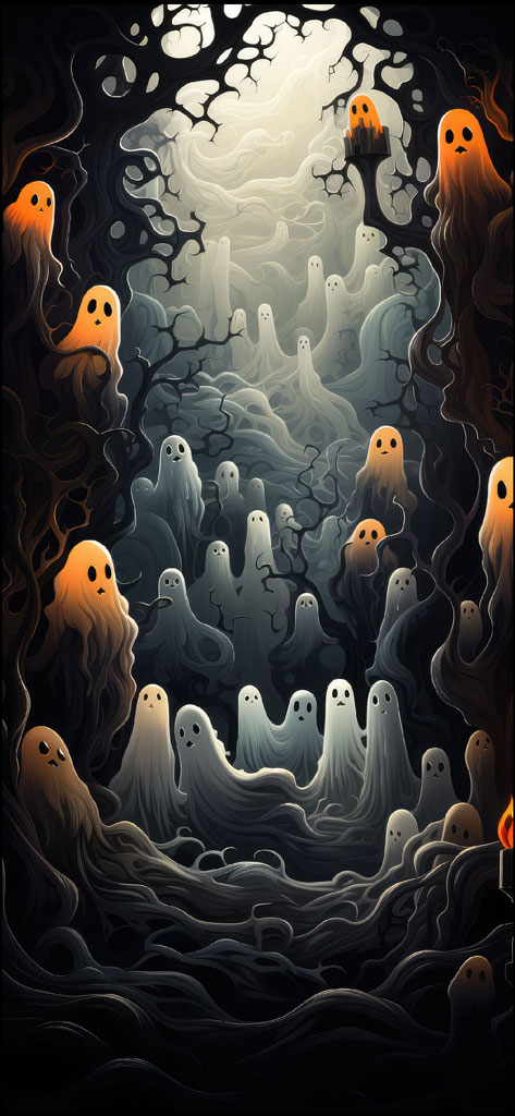 An illustration of numerous ghostly figures in various shades of white and orange, floating in a dark forest with twisted trees and a full,