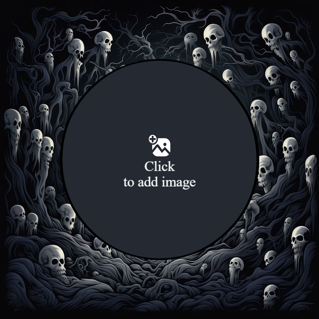 A dark illustration of numerous skulls and twisted roots forming a circular frame around a dark center.