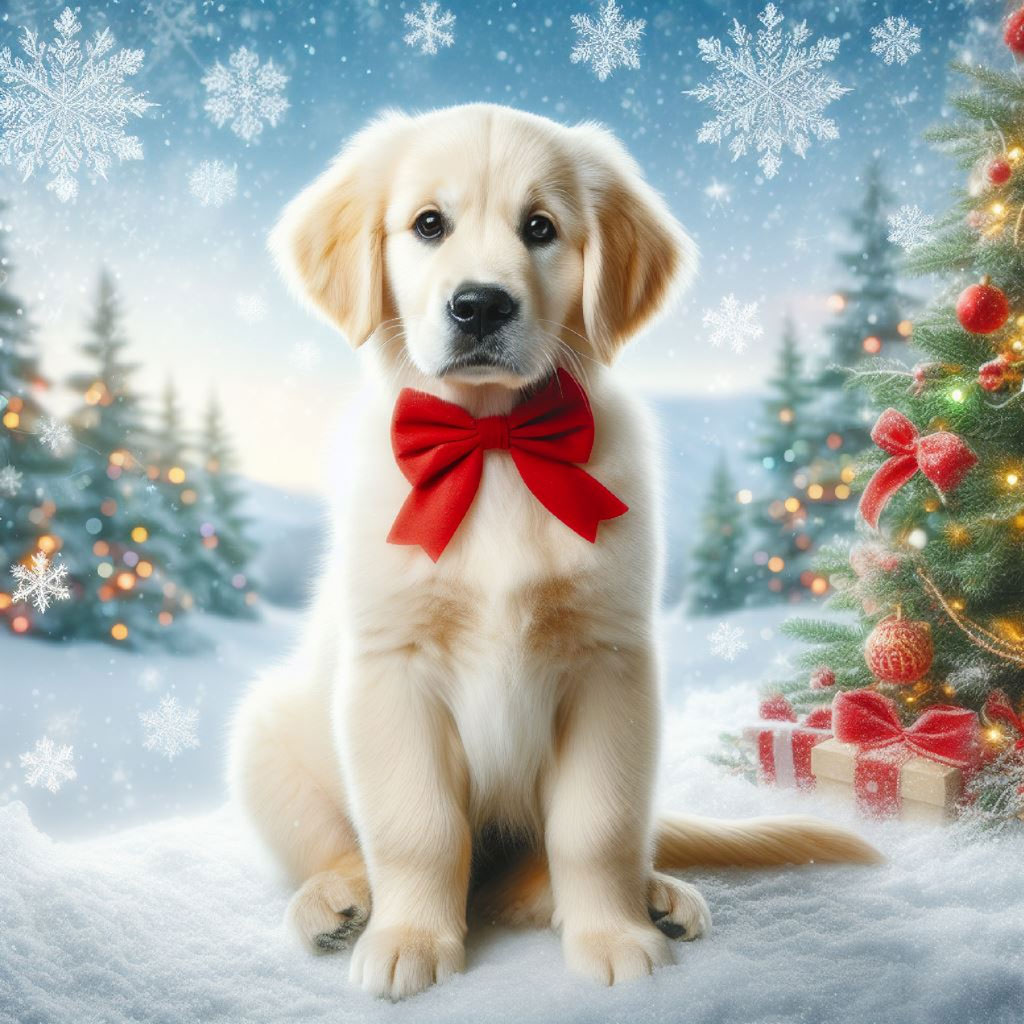 Golden retriever puppy with red bow sitting in snow near Christmas tree