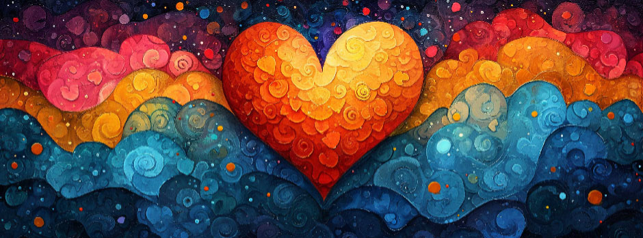 A stylized heart made of orange and yellow circles, set against a backdrop of blue and pink clouds with scattered dots.