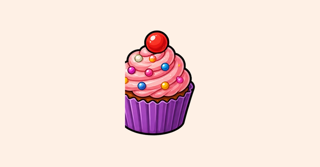 Pink frosted cupcake with colorful candy sprinkles on a light background.