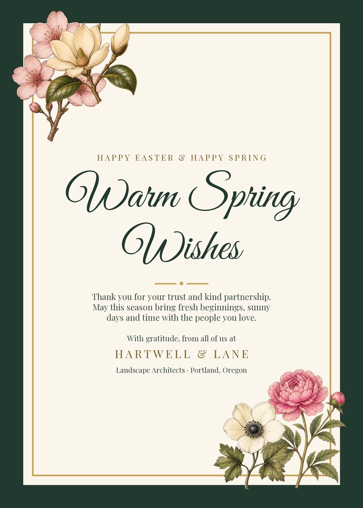 Portrait greeting card with floral corners and the words Warm Spring Wishes.