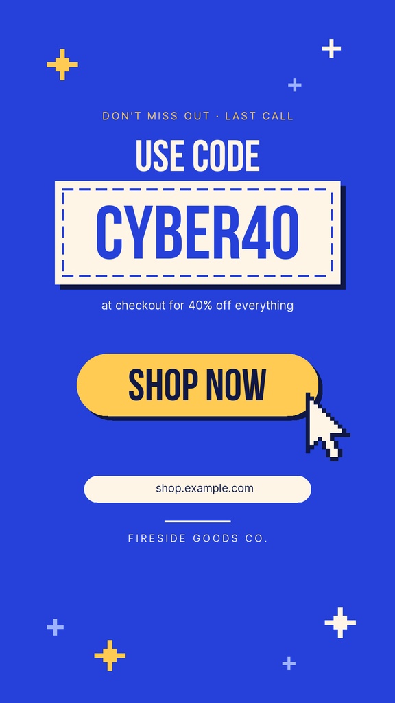 Blue Instagram Story sale design with Cyber Monday code, shop now button, and cursor icon