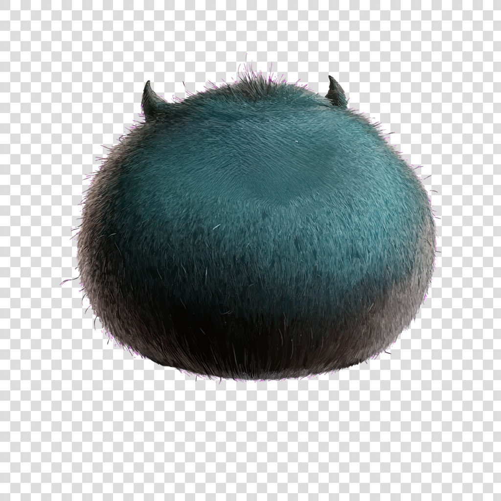 A teal, furry, rounded object with two small horns on top.