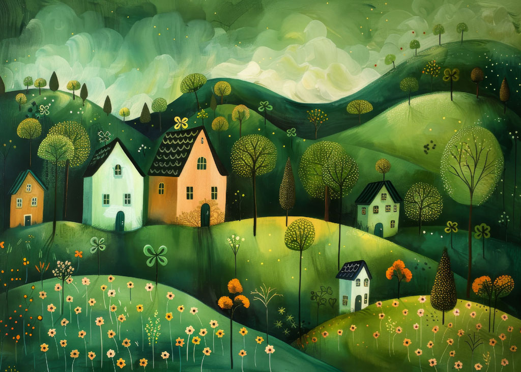 A fantastical illustration of a village with colorful houses amidst lush green hills and fields of flowers.