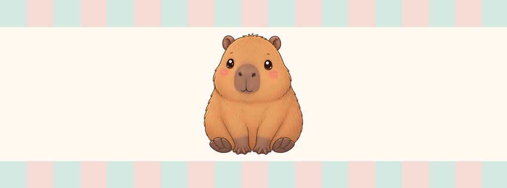 A cute baby capybara sitting on a soft pastel striped background.