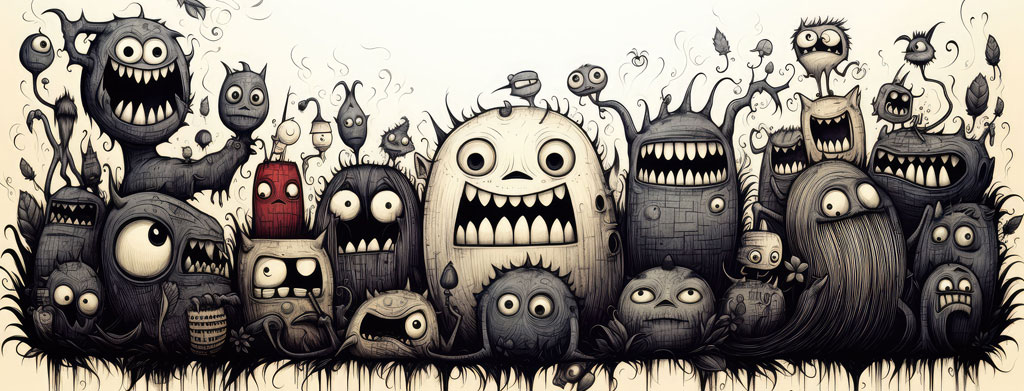 A collection of cartoon monsters with various facial expressions and features