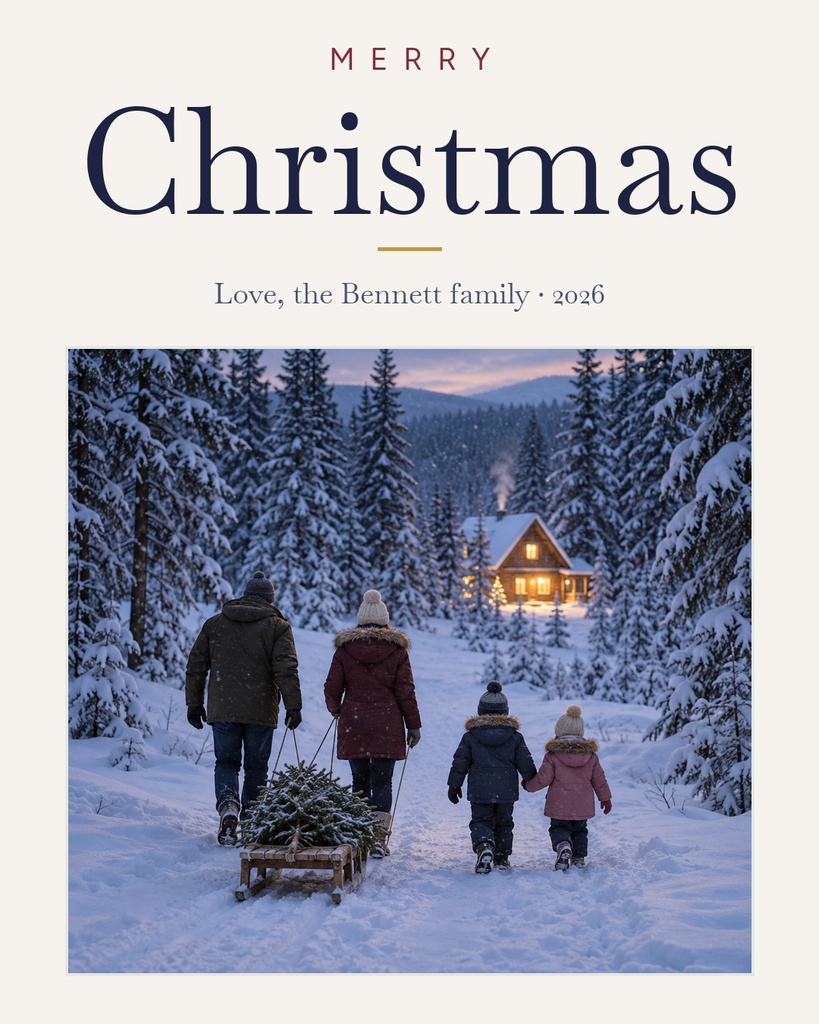 Portrait Christmas card with Merry Christmas text and a snowy family scene below