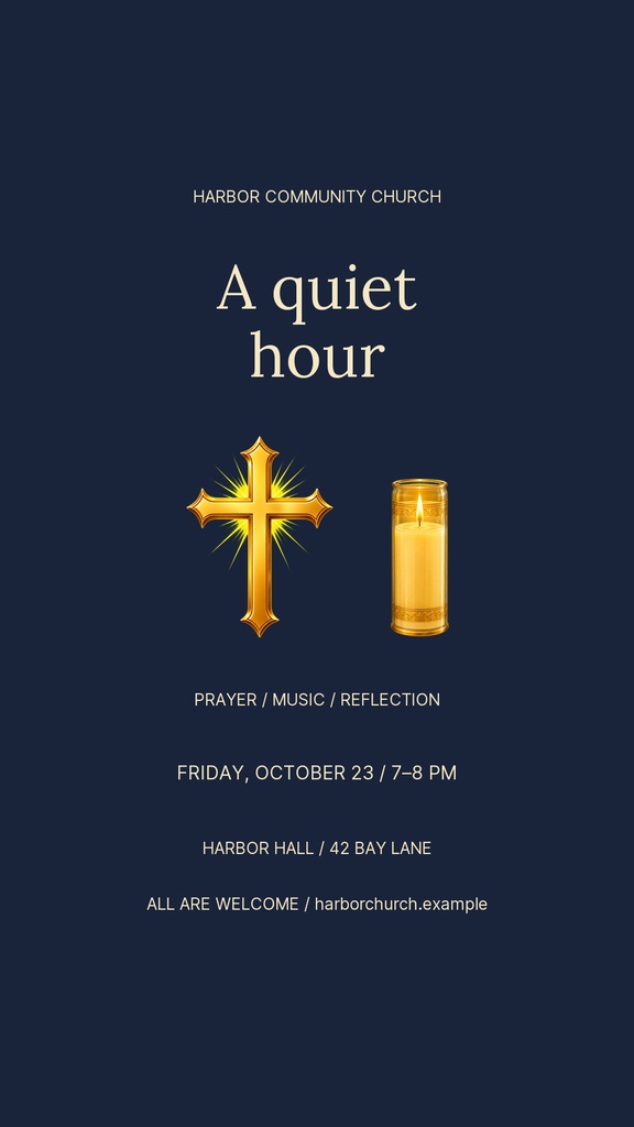 Dark navy Instagram story template with a gold cross, candle, and quiet hour event text.