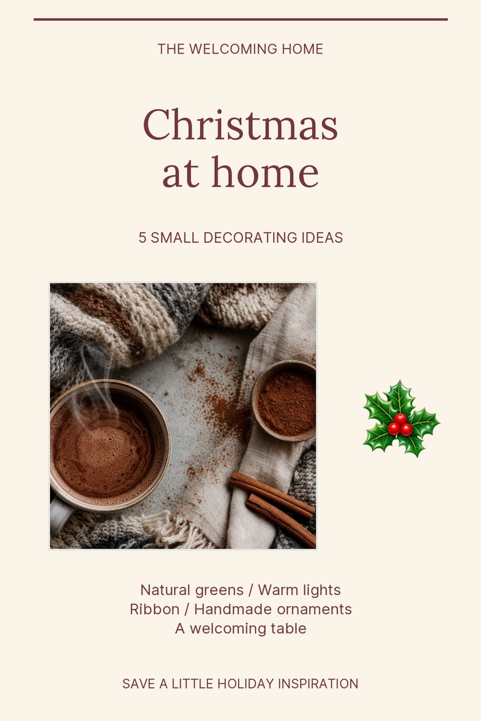 Portrait Pinterest pin template with Christmas at home title, cocoa image, and holly sticker.