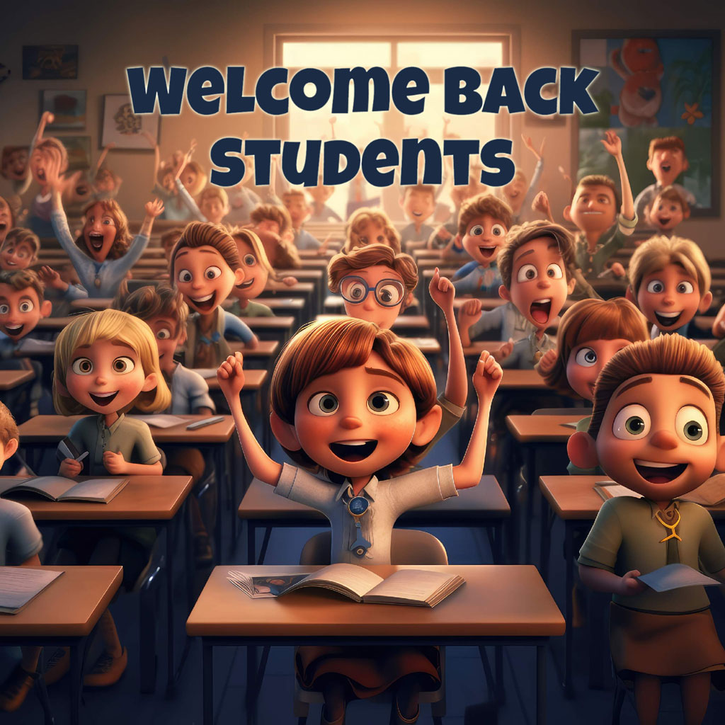 Cartoon students in a classroom with 'Welcome Back Students' text
