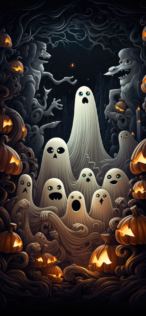 An illustration of ghosts and pumpkins in a dark setting with mystical creatures