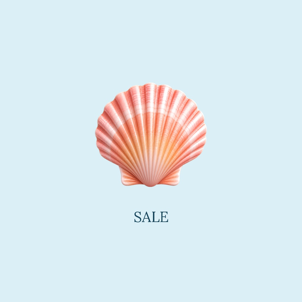 Pink seashell icon above the word sale on a light blue background