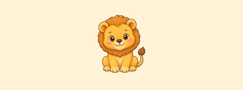 Cute cartoon lion sitting on a soft beige background.