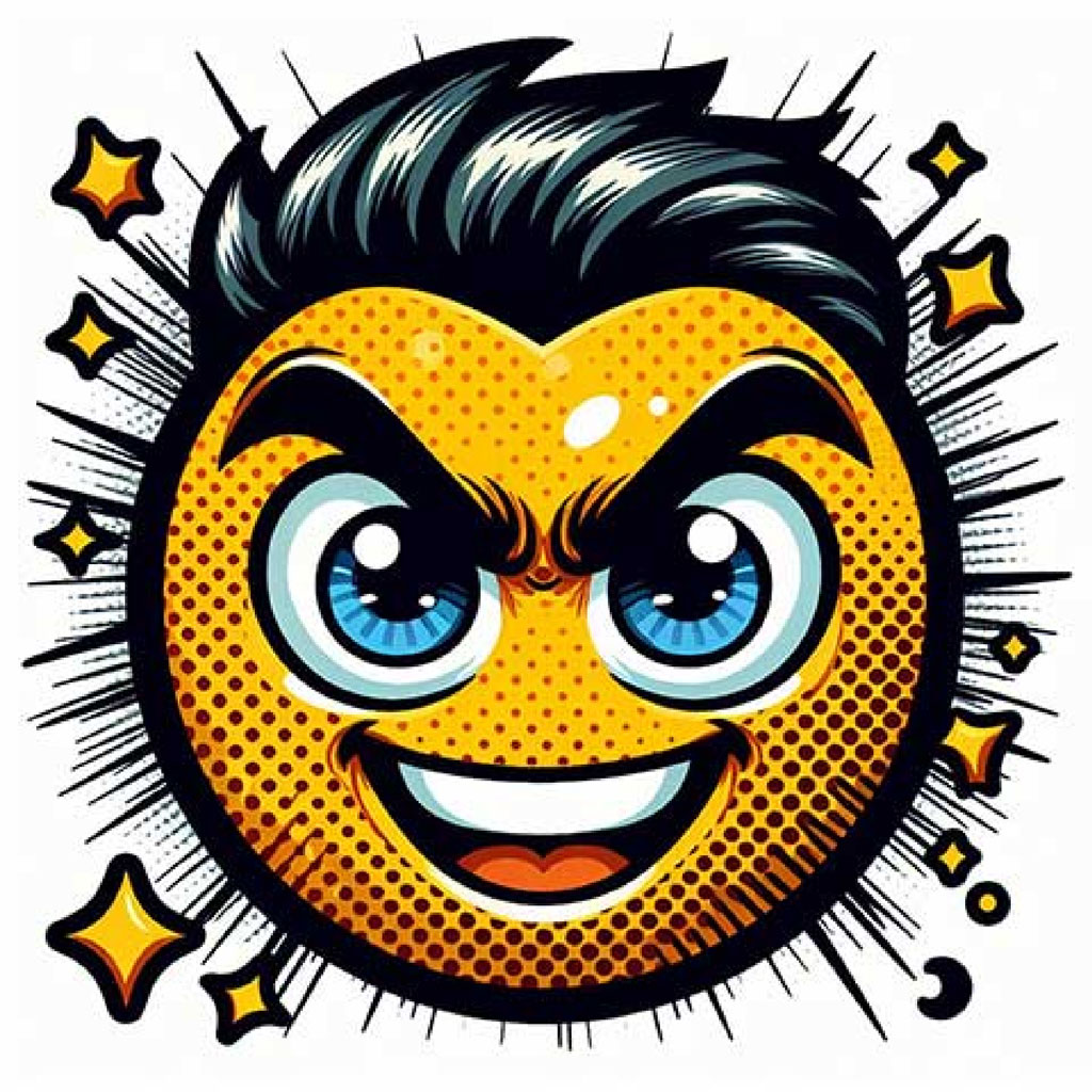 Illustration of an angry lemon face with blue eyes and black hair