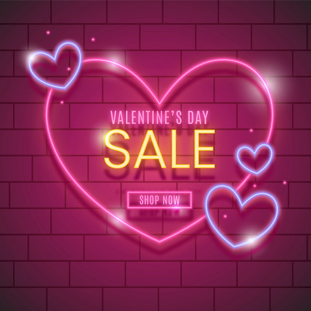 Valentine's Day sale advertisement with neon heart