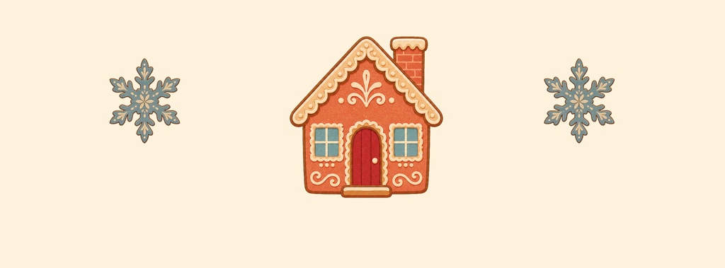 Gingerbread house with two snowflakes on a cream landscape background.