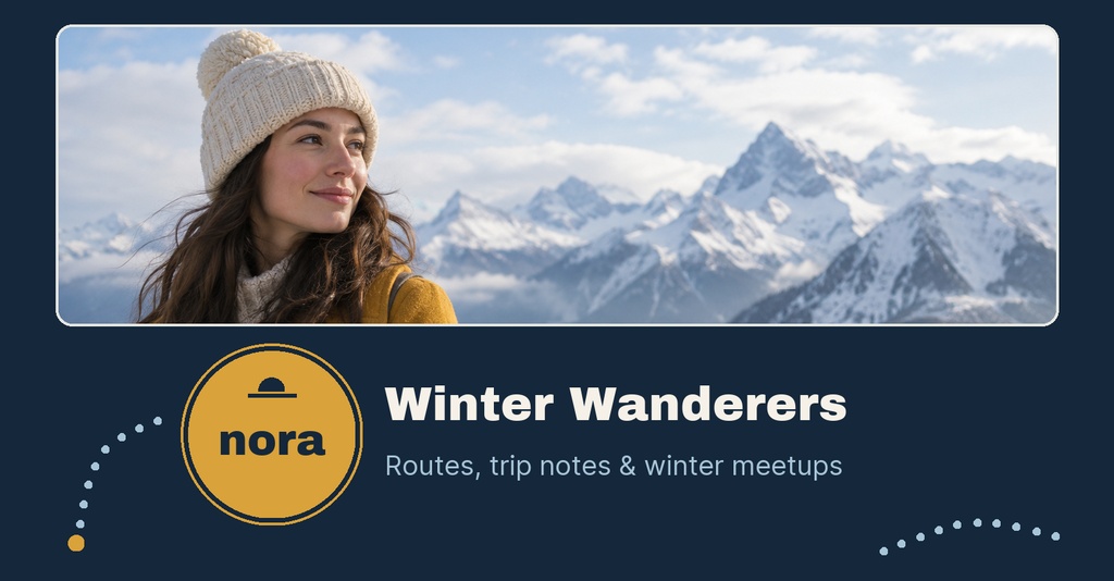 A winter travel banner with a woman in a knit hat in front of snowy mountains and the title Winter Wanderers.