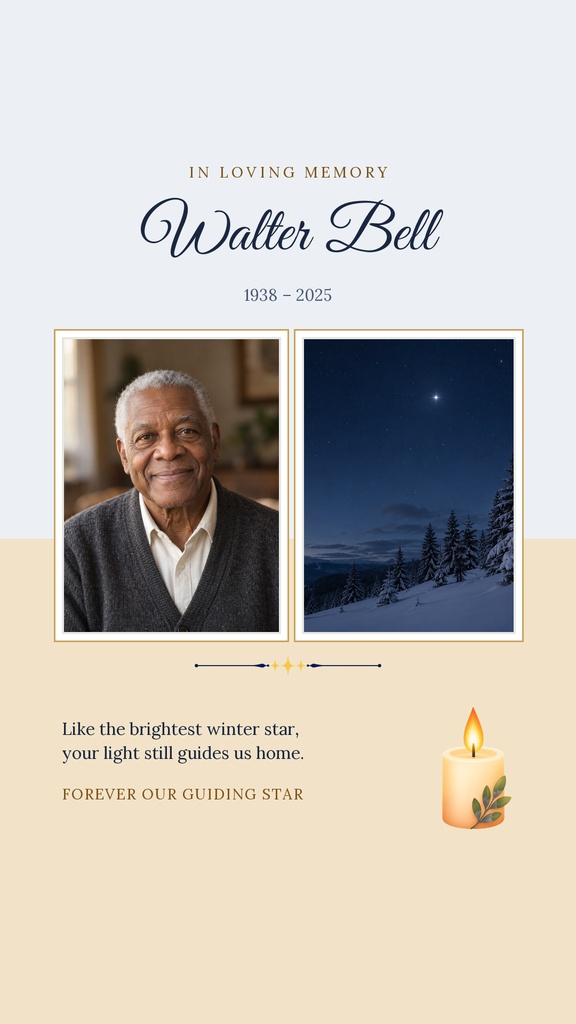 Memorial card design with portrait photos, candle graphic, and in loving memory tribute text.