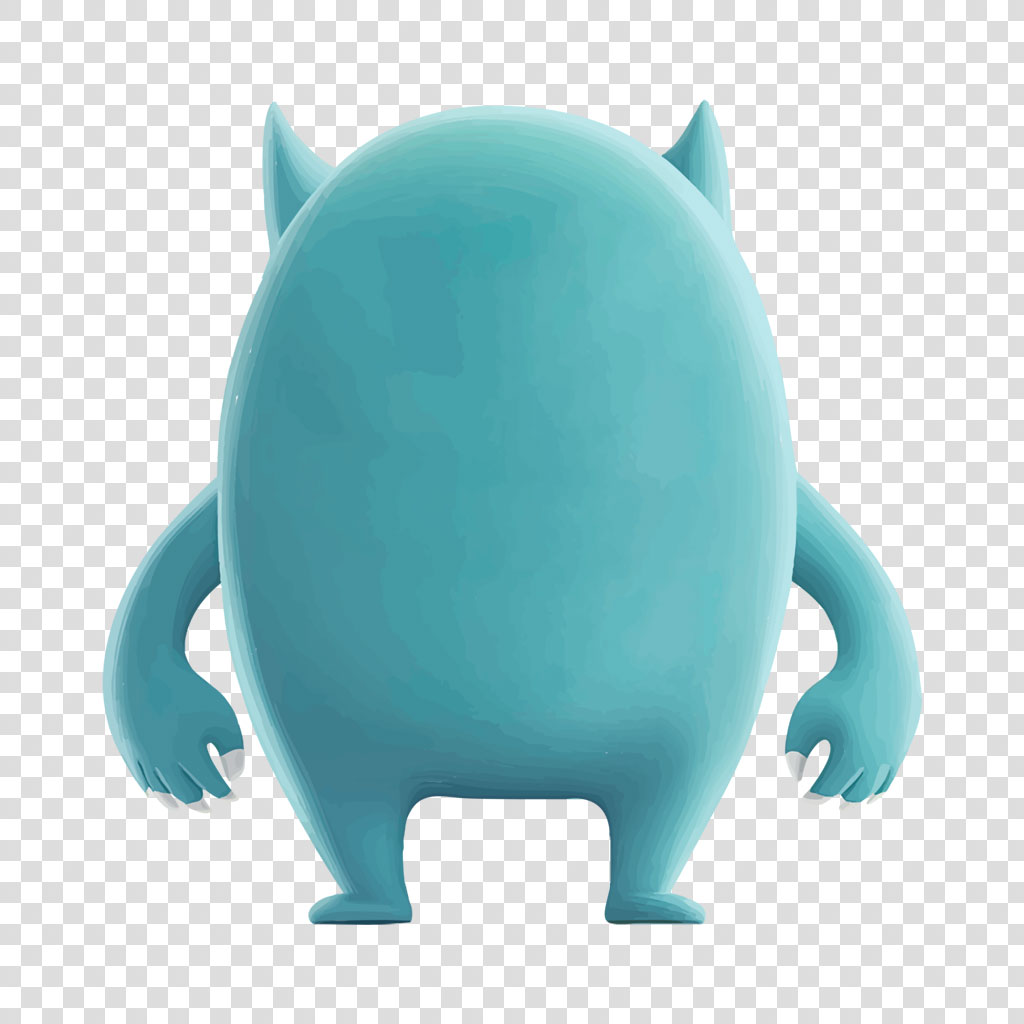 A blue monster figurine with a round body, two horns, and two arms.