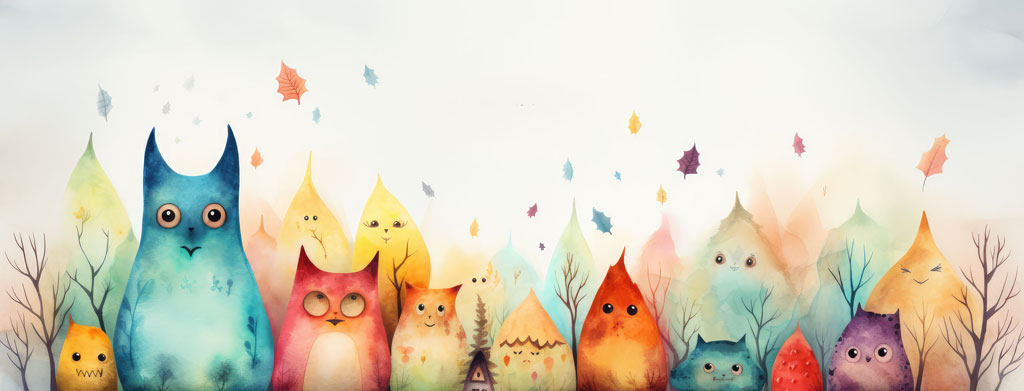Colorful owls in a whimsical autumn scene