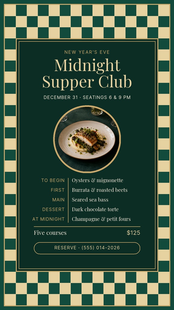 Elegant green and gold Instagram story menu with a plated dish, dinner courses, and reservation details.